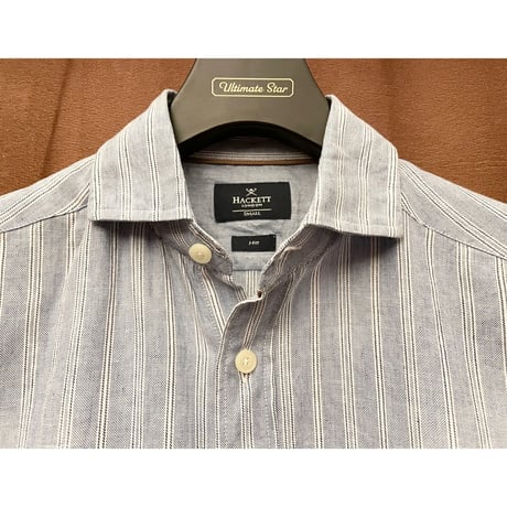 MADE IN PORTUGAL製 HACKETT LONDON 長袖ストライプコットンリネンシャツ スカイブルー Sサイズ