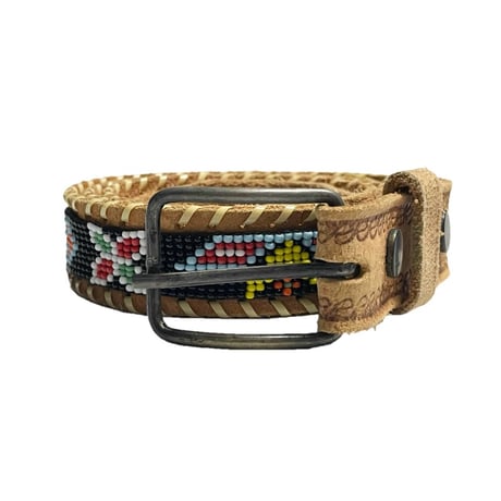 MADE IN ITALY製 DSQUARED2 ネイティブ柄 ビーズ装飾 レザーベルト ベージュ Sサイズ