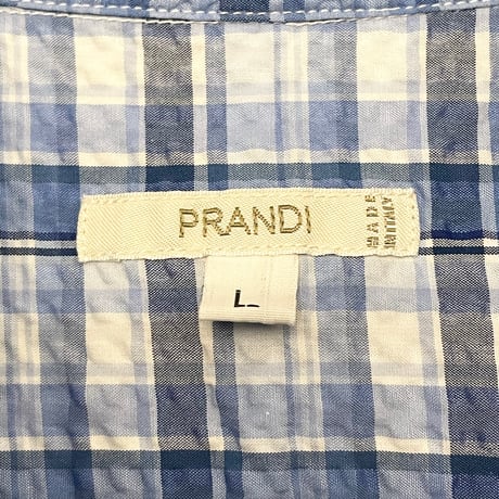MADE IN ITALY製 PRANDI 半袖チェック柄ボタンダウンシアサッカーシャツ ブルー Lサイズ