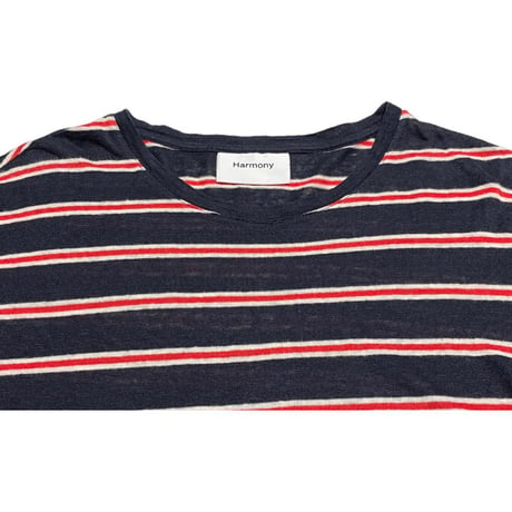 【UNITED ARROWS 取り扱い】 MADE IN PORTUGAL製 Harmony ボーダー柄半袖リネンTシャツ ネイビー×レッド Mサイズ