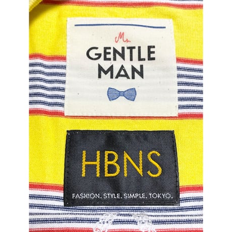 MADE IN JAPAN製 MISTERGENTLEMAN × HBNS 胸ポケット付きボーダー柄半袖Tシャツ イエロー Lサイズ