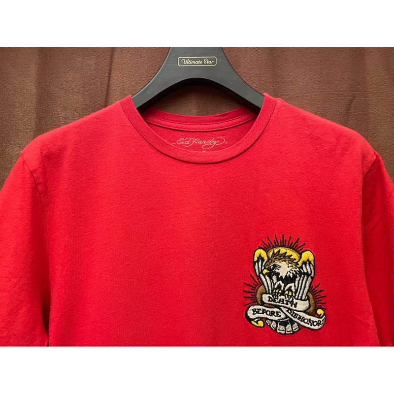 MADE IN USA製 ED HARDY ロゴ刺繍入りTシャツ レッド Mサイズ