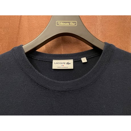 MADE IN FRANCE製 LACOSTE 長袖ウールコットンセーター ネイビー×ブラウン 40サイズ