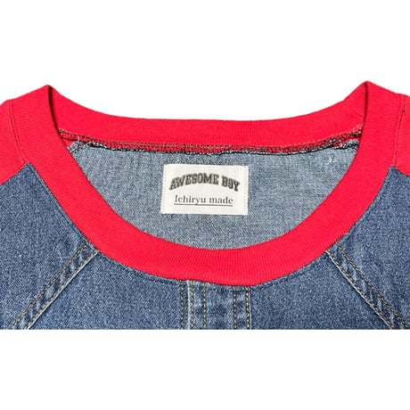 Awesome Boy × ichiryu made REMAKE DENIM RAGLAN SLEEVE SHIRT インディゴ×レッド Fサイズ