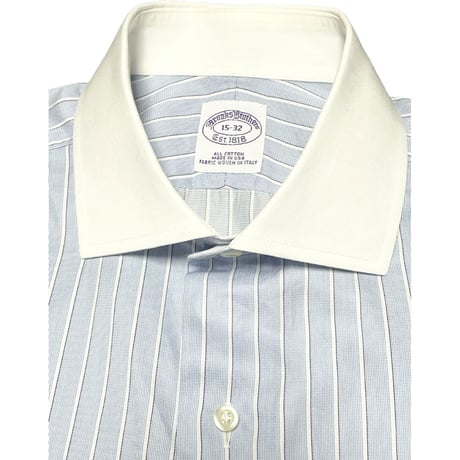 MADE IN USA製 BROOKS BROTHERS クレリックダブルカフス長袖ストライプシャツ サックス 15-32サイズ イタリア製生地使用