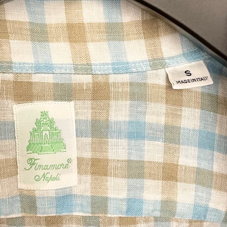▲訳あり商品▲ 【BARNEYS NEWYORK 取り扱い】 MADE IN ITALY製 Finamore ギンガムチェック柄 長袖リネンスキッパーシャツ マルチカラー Sサイズ