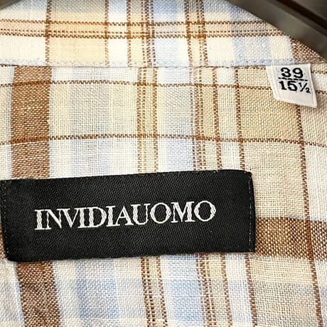 INVIDIAUOMO 半袖チェック柄ボタンダウンリネンシャツ ベージュ×ライトブルー 39-15 1/2サイズ