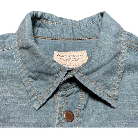 オーガニックコットン使用 nudie Jeans 長袖ダンガリーウエスタンシャツ ライトインディゴ Sサイズ