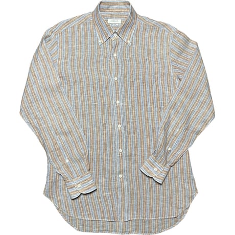MADE IN ITALY製 ORIAN Slim Fit 長袖ボタンダウンリネンストライプシャツ ブラウン×サックス Lサイズ