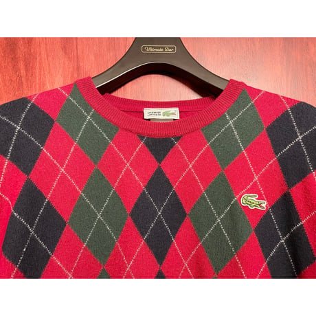 レア品 MADE IN ITALY製 70～80s CHEMISE LACOSTE アーガイル柄 ウールコットンクルーネックセーター レッド Lサイズ
