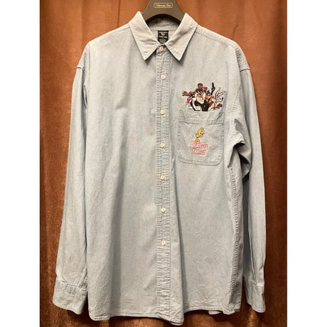 90's WARNER BROS. STUDIO STORE キャラクター刺繍入りダンガリーシャツ ライトインディゴ Lサイズ
