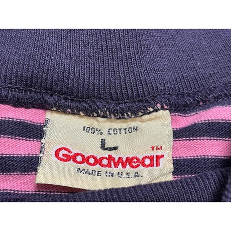 MADE IN USA製 Goodwear クルーネック半袖ボーダーTシャツ ピンク×ネイビー Lサイズ