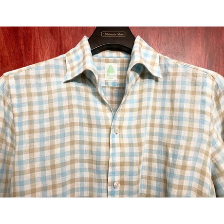 ▲訳あり商品▲ 【BARNEYS NEWYORK 取り扱い】 MADE IN ITALY製 Finamore ギンガムチェック柄 長袖リネンスキッパーシャツ マルチカラー Sサイズ