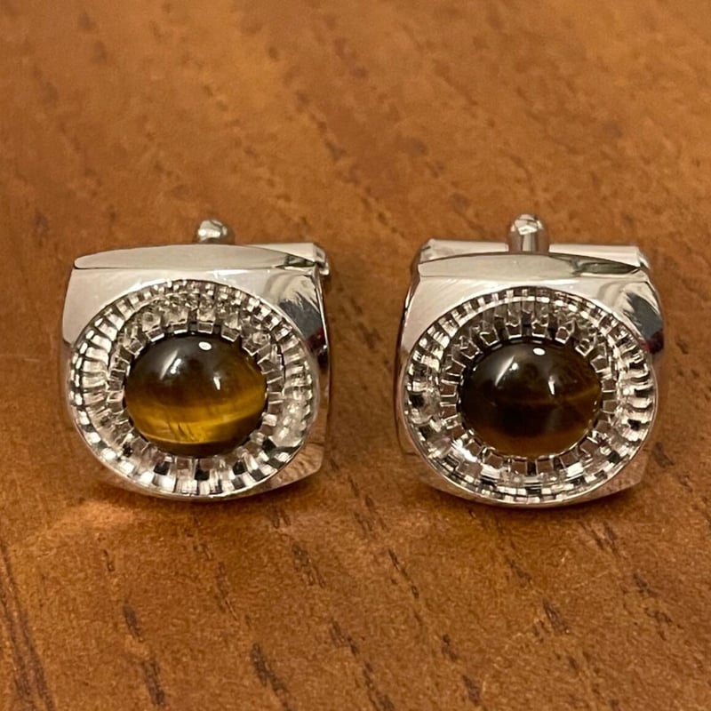 タイガーアイ石付き ネクタイピン、カフスボタンセット シルバー
