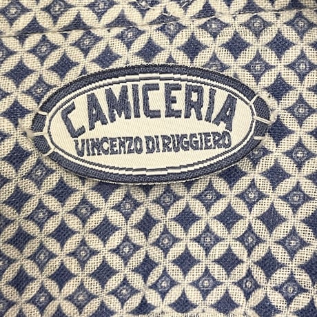 HAND MADE IN ITALY製 CAMICERIA VINCENZO DI RUGGIERO ハンドメイド 総柄 長袖リネンシャツ ホワイト×ブルー Sサイズ