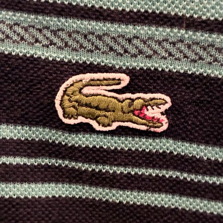 希少 MADE IN FRANCE製 80s CHEMISE LACOSTE ボーダー柄 半袖鹿の子ポロシャツ ターコイズグリーン×ネイビー 5サイズ