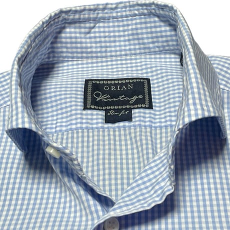 MADE IN ITALY製 ORIAN Vintage 半袖ギンガムチェックシャツ スカイブルー 38/15サイズ
