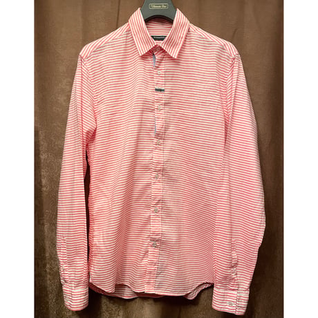 ▲訳あり商品▲ 【BARNEYS NEWYORK 取り扱い】 MADE IN ITALY製 POGGIANTI 1958 長袖ボーダー柄コットンリネンシャツ レッド×ホワイト Mサイズ