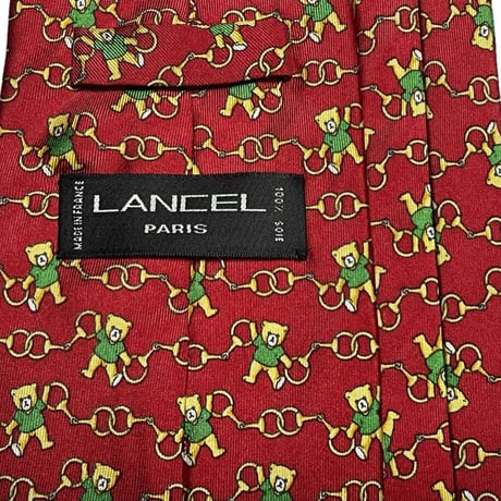 ▲訳あり商品▲ MADE IN FRANCE製 LANCEL PARIS ハンドメイドベアー柄シルクネクタイ レッド