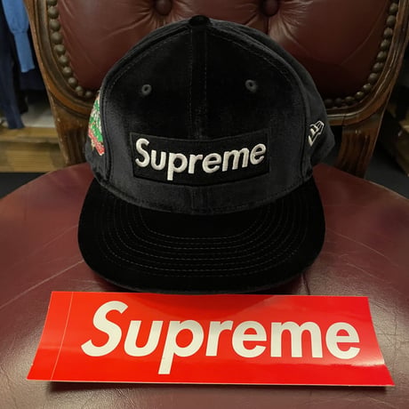 ☆タグ付き新古品☆ ステッカー付き NEW ERA × SUPREME Velour Box Logo ベロアベースボールキャップ ブラック 7-5/8 60.6cm