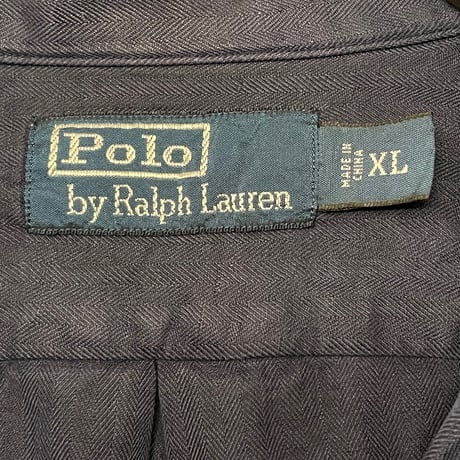 希少 Polo by Ralph Lauren シャドーヘリンボーン柄リネンシルク開襟シャツ ネイビー XLサイズ