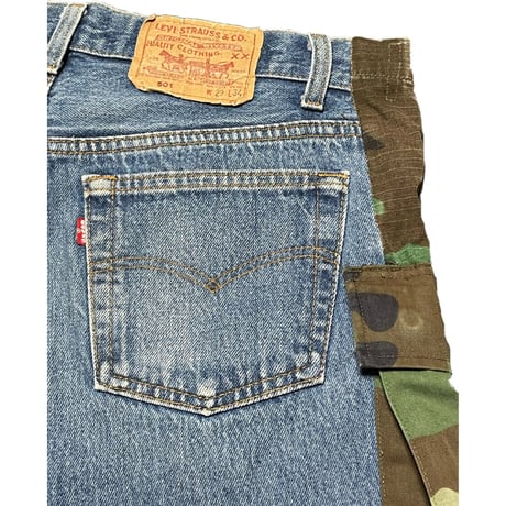リメイク品 Levi's 501 デニム×迷彩カーゴハーフパンツ ライトインディゴ×迷彩