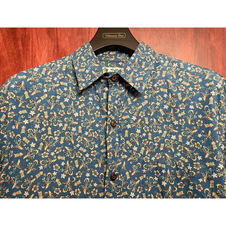 MADE IN HAWAII製 TWO PALMS アロハ柄 半袖コットンシャツ ブルー Mサイズ