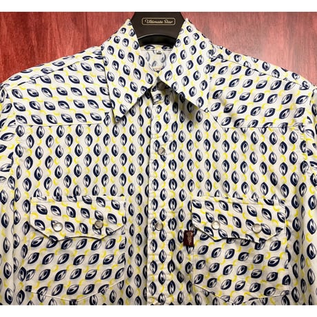 MADE IN ENGLAND製 80s～90s COLIN HARVEY BLUE SPOT 総柄長袖ウエスタンシャツ ホワイト Mサイズ