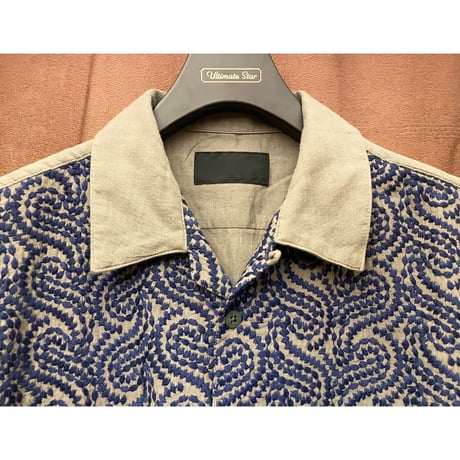 MADE IN JAPAN製 Godem 半袖刺繍開襟シャツ カーキ×ネイビー 3サイズ