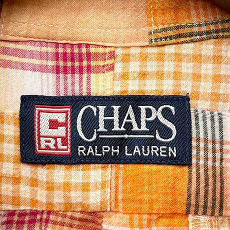 90s CHAPS RALPH LAUREN 半袖ボタンダウンパッチワークシャツ オレンジ Mサイズ