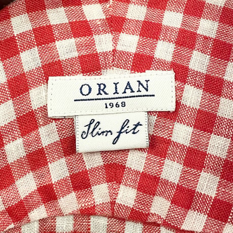 MADE IN ITALY製 ORIAN Slim Fit 長袖ギンガムチェック柄ボタンダウンリネンシャツ レッド Mサイズ