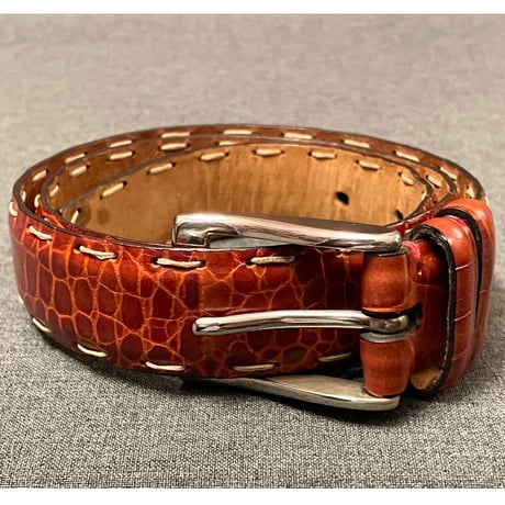 HANDMADE IN ITALY製 Giorgio Zoni 型押しハンドメイドレザーベルト レッドブラウン 75サイズ