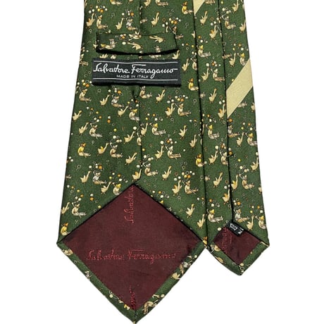 MADE IN ITALY製 Salvatore Ferragamo アヒル柄シルクネクタイ グリーン