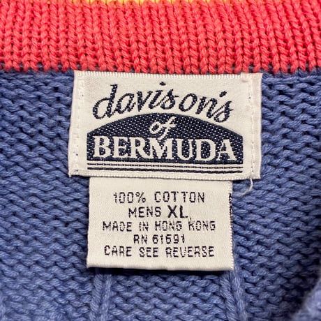 MADE IN HONG KONG製 80s davison's of BERMUDA Vネック ケーブルニット コットンベスト パープル XLサイズ