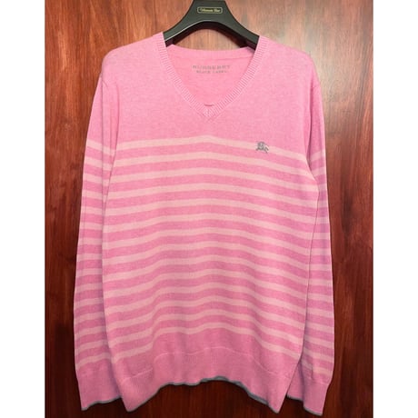 BURBERRY BLACK LABEL ボーダー柄Vネックコットンセーター ピンク 3/Lサイズ