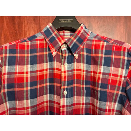 MADE IN JAPAN製 Maker's Shirt 鎌倉 チェック柄 リネン100% 長袖ボタンダウンシャツ レッド 39-15 1/2サイズ