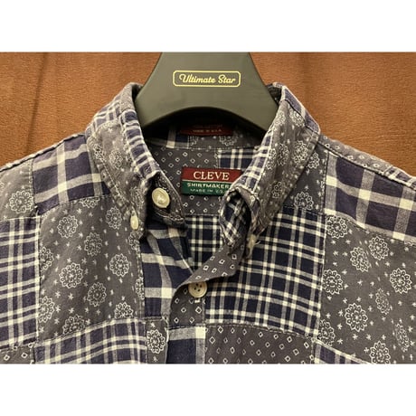 MADE IN USA製 CLEVE SHIRTMAKERS 半袖パッチワークボタンダウンシャツ ネイビー Sサイズ