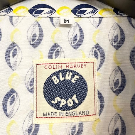 MADE IN ENGLAND製 80s～90s COLIN HARVEY BLUE SPOT 総柄長袖ウエスタンシャツ ホワイト Mサイズ