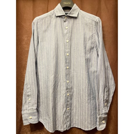 MADE IN PORTUGAL製 HACKETT LONDON 長袖ストライプコットンリネンシャツ スカイブルー Sサイズ