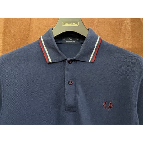 MADE IN ENGLAND製 FRED PERRY 襟ライン半袖鹿の子ポロシャツ ネイビー 36サイズ