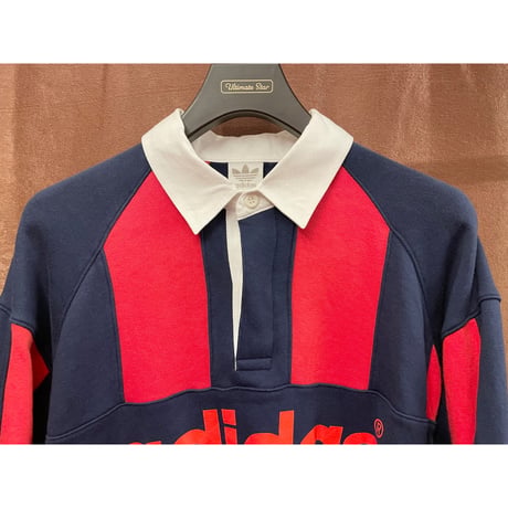 レア MADE IN JAPAN製 80~90s デサント製 adidas 長袖スウェットラガーシャツ レッド×ネイビー L-Oサイズ