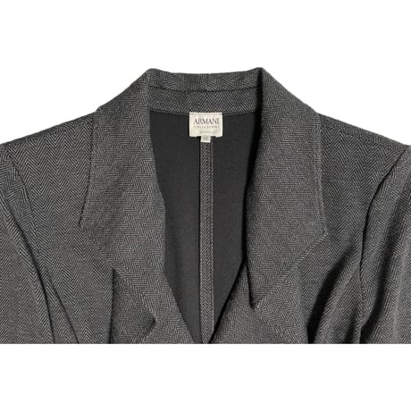 MADE IN ITALY製 ARMANI COLLEZIONI リボンデザインヘリンボーン柄ニットジャケット チャコールグレー 42サイズ