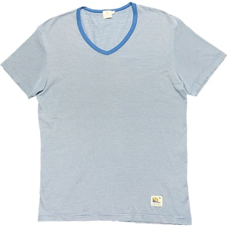 MADE IN ENGLAND製 SUNSPEL ボーダー柄半袖VネックTシャツ ライトブルー Mサイズ