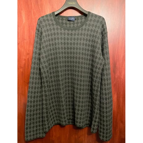レア品 MADE IN ITALY製 90s GIORGIO ARMANI CLASSICO ダイヤ柄カシミヤウールシルククルーネックセーター チャコールグレー×ブラック 54サイズ