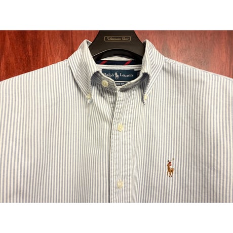 Ralph Lauren CLASSIC FIT ヒッコリーストライプ柄 長袖ボタンダウンオックスフォードシャツ サックスブルー×ホワイト Sサイズ