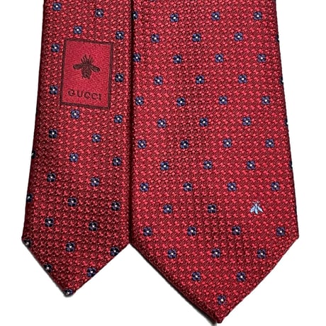 MADE IN ITALY製 GUCCI Bee Collection ドット柄シルクナロータイ レッド