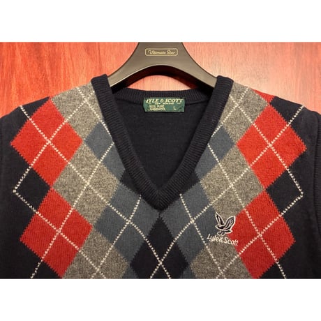 LYLE & SCOTT アーガイル柄 Vネック ウールニットベスト ネイビー Lサイズ