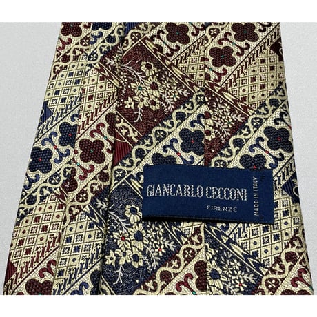 GIANCARLO CECCONI 総柄シルクネクタイ ワイン×ネイビー イタリア製