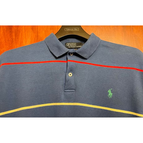レア MADE IN USA製 Polo by Ralph Lauren ボーダー柄 半袖ニットポロシャツ ブルー Mサイズ