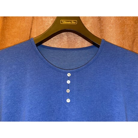 MADE IN ITALY製 ヘンリーネックデザインTシャツ ブルー Sサイズ